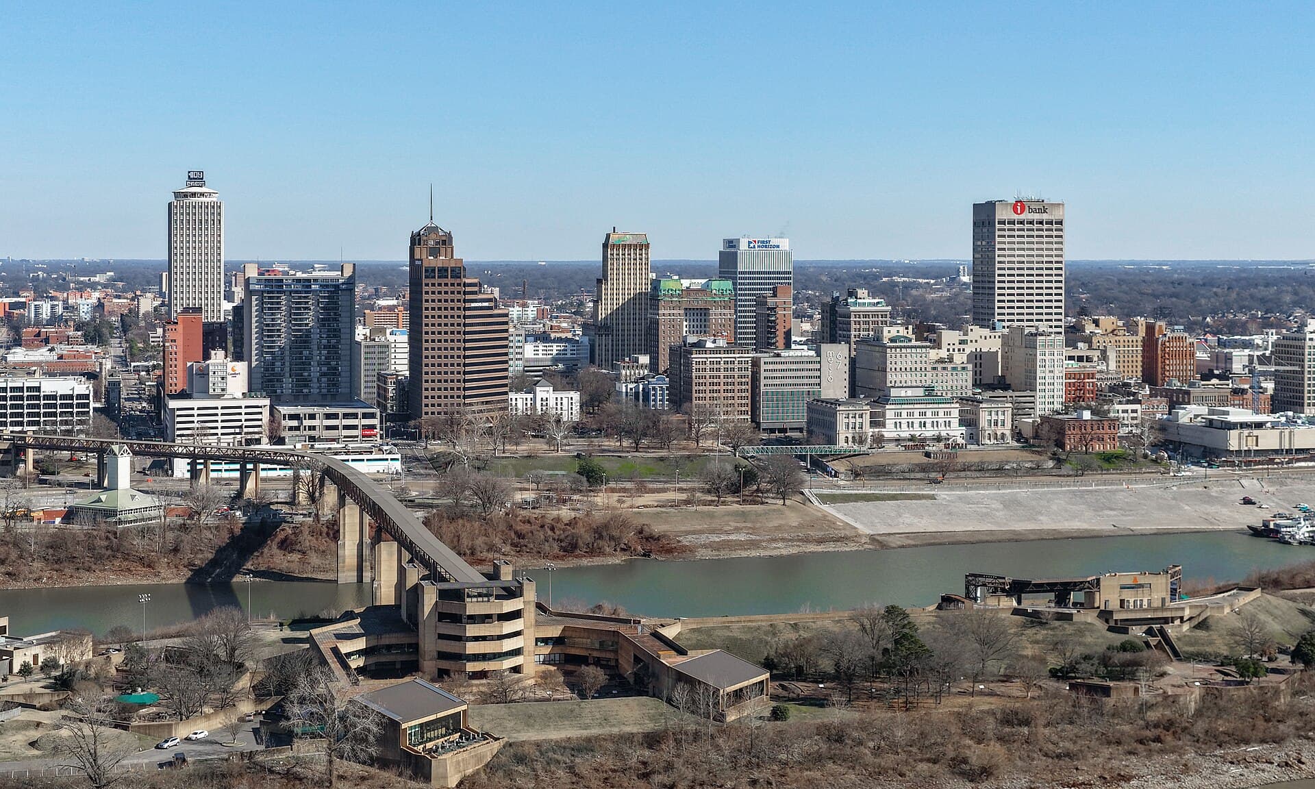 Aerial view of downtown Memphis and the Mississippi River, Memphis, Tennessee