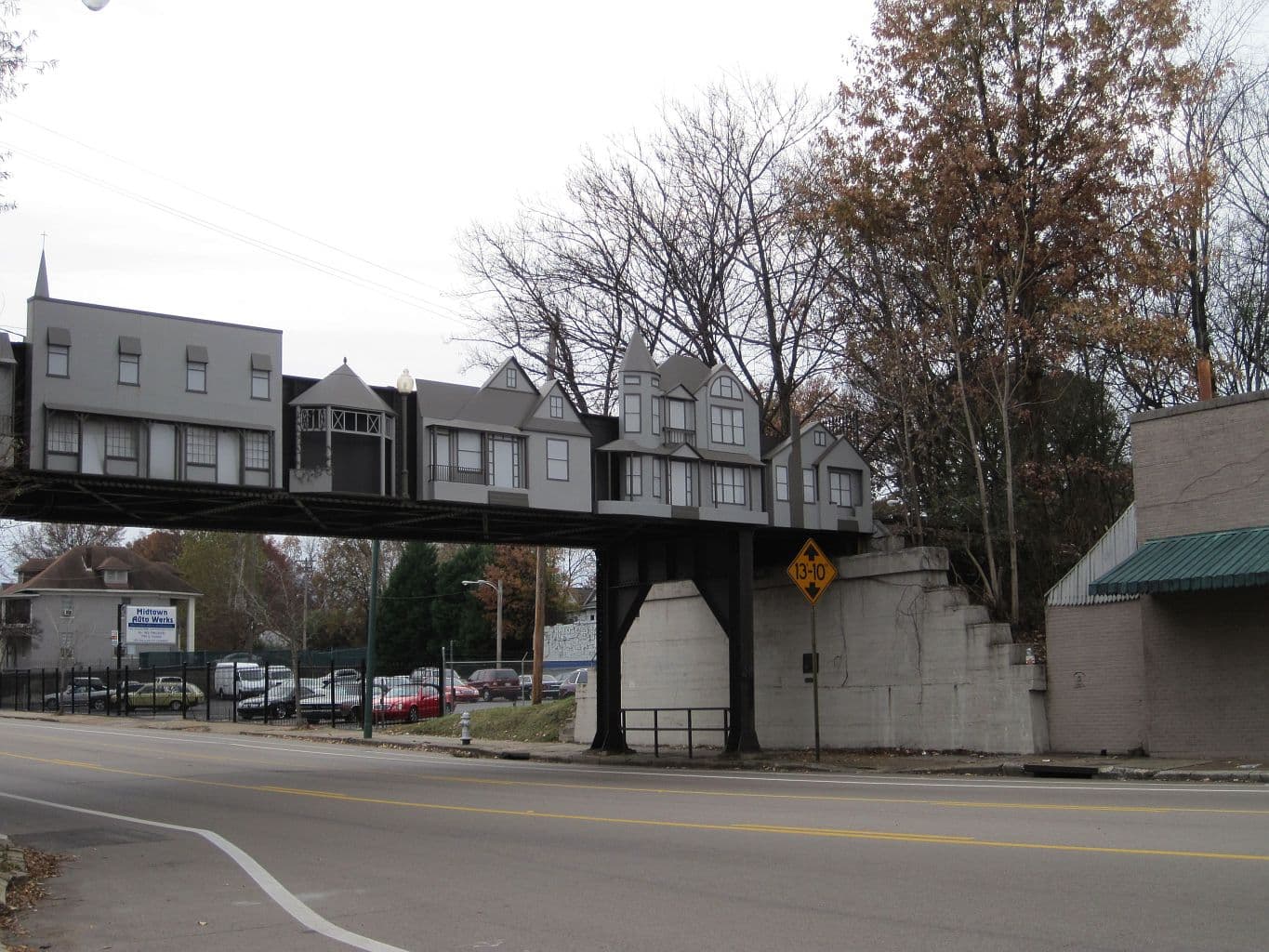 The Cooper-Young trestle in Midtown Memphis, a railroad bridge over South Cooper Street topped with a row of cut-out house facades