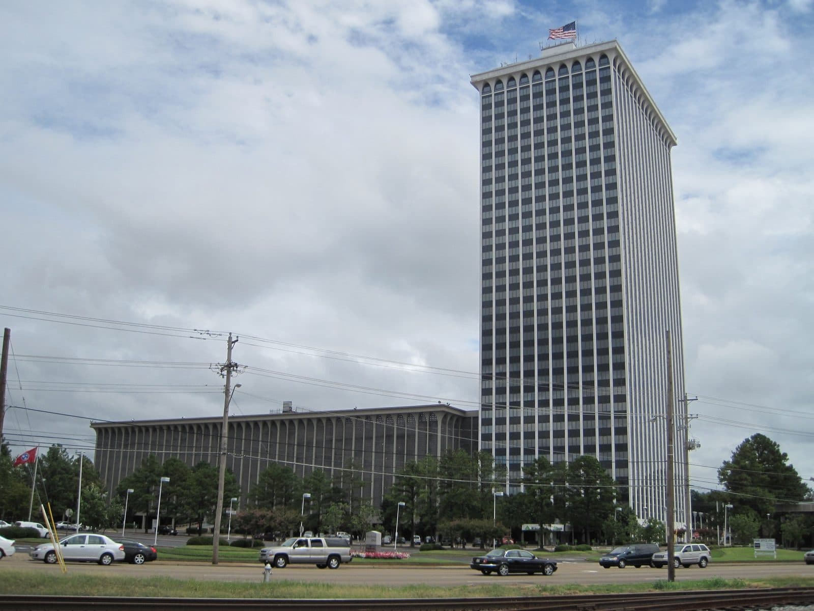 Clark Tower, the white-ribbed office tower at Poplar Avenue and Mendenhall Road in East Memphis