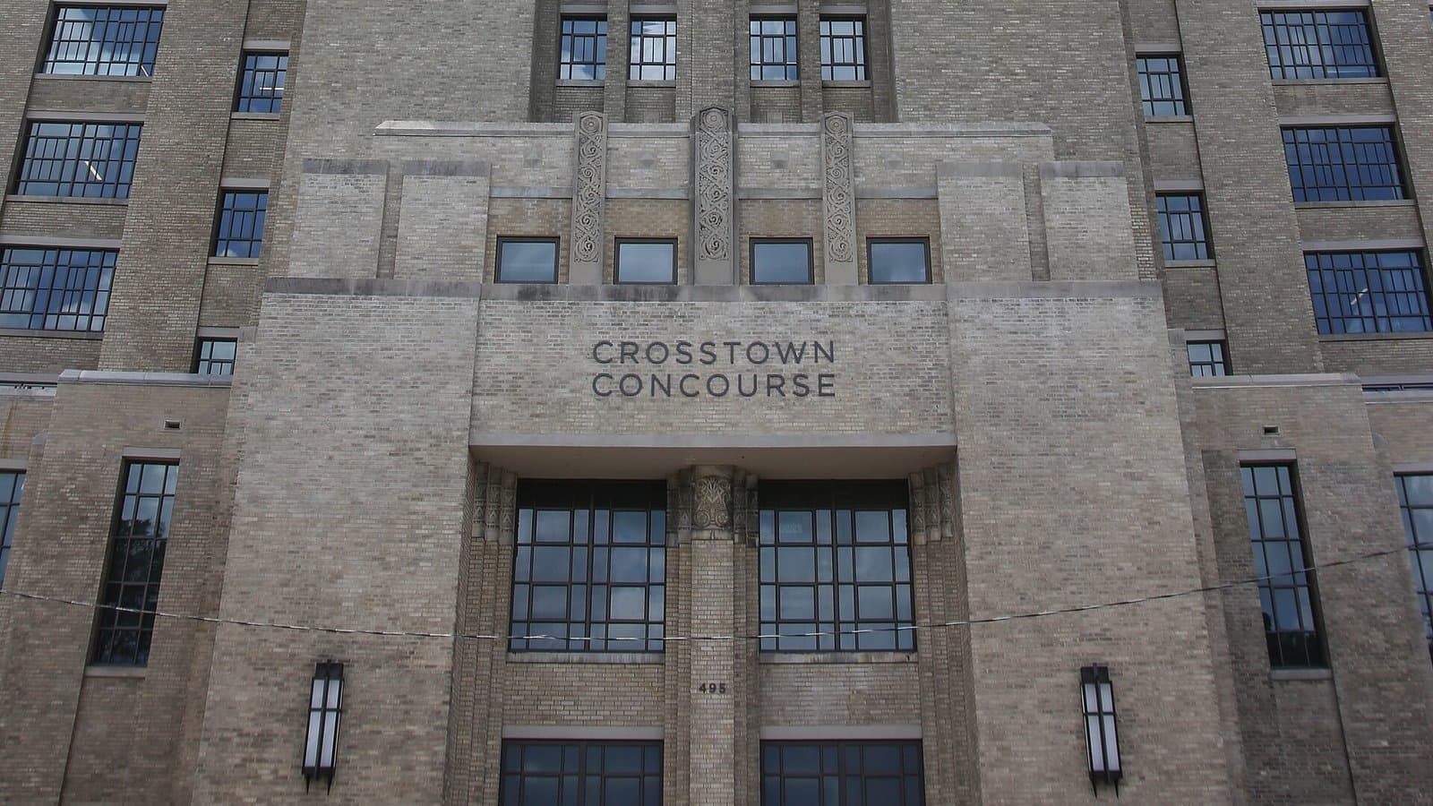 The art deco east entrance of Crosstown Concourse in Midtown Memphis, with CROSSTOWN CONCOURSE lettered above the doors