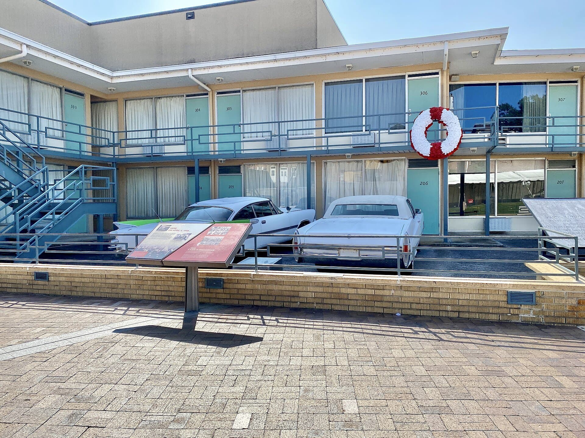 The Lorraine Motel, now the National Civil Rights Museum, with a memorial wreath on the balcony where Dr. King was assassinated, in downtown Memphis